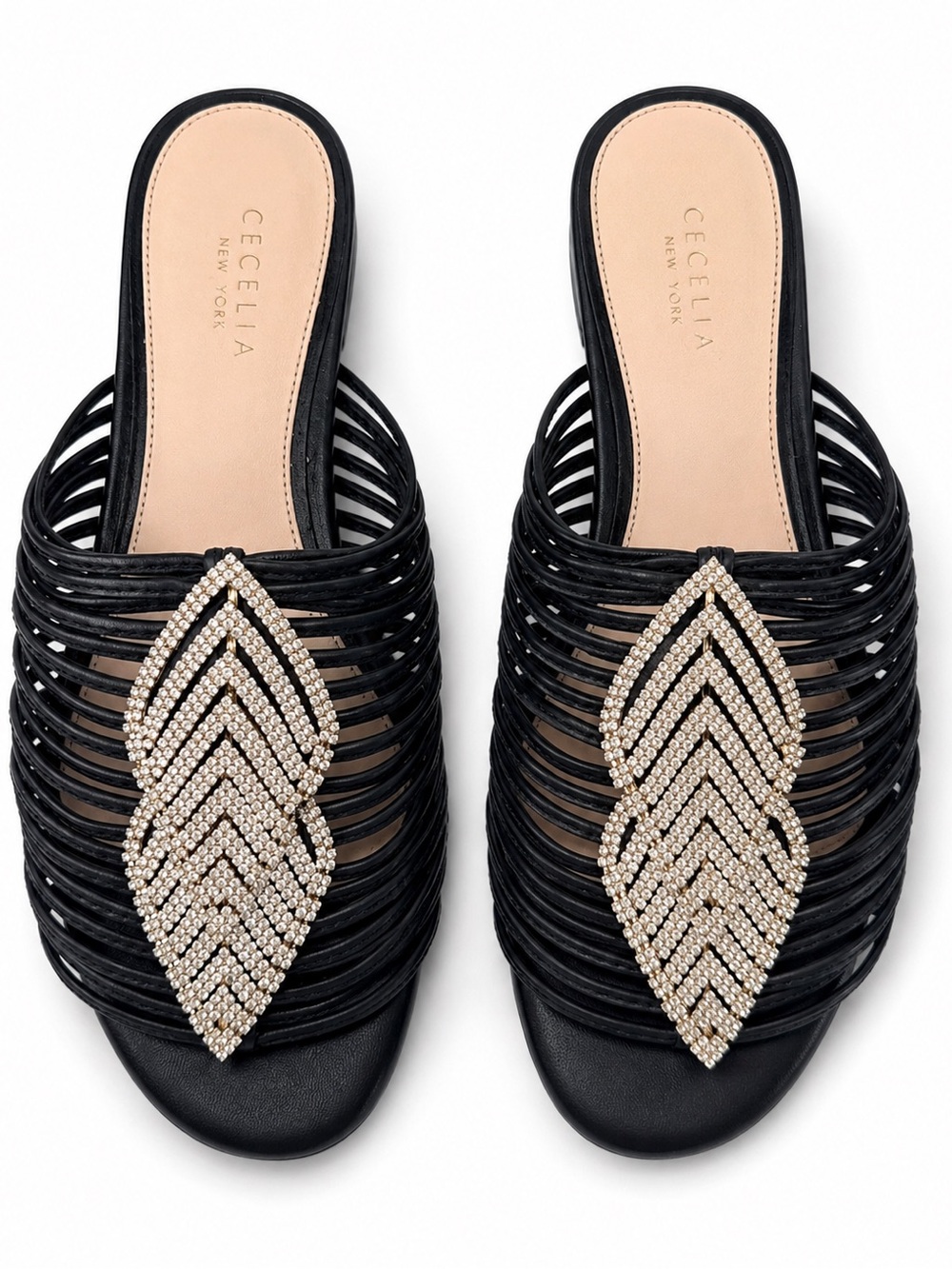 CECELIA NEW YORK Darleen Crystal Slide Sandals Black Size 7.5 NIB + Dustcover